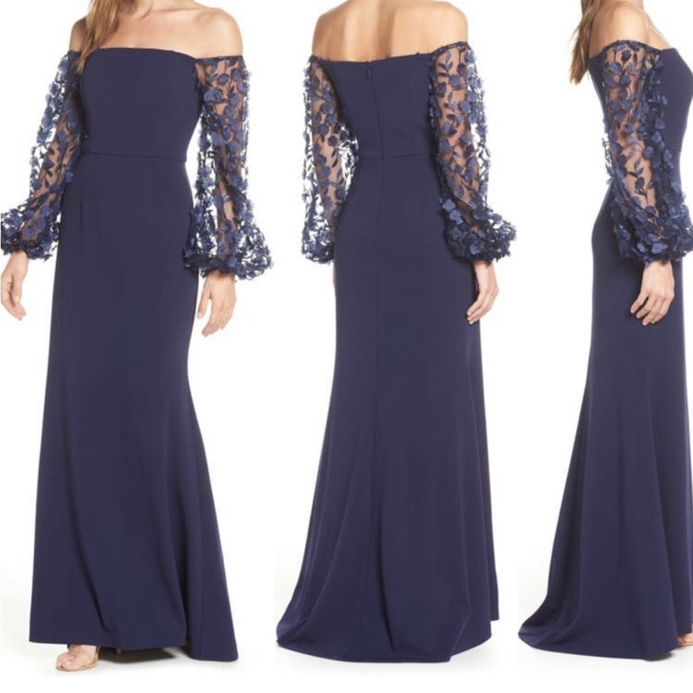 NWT Eliza J 3 D Floral Sleeve Scuba Crepe Gown Navy Size 12